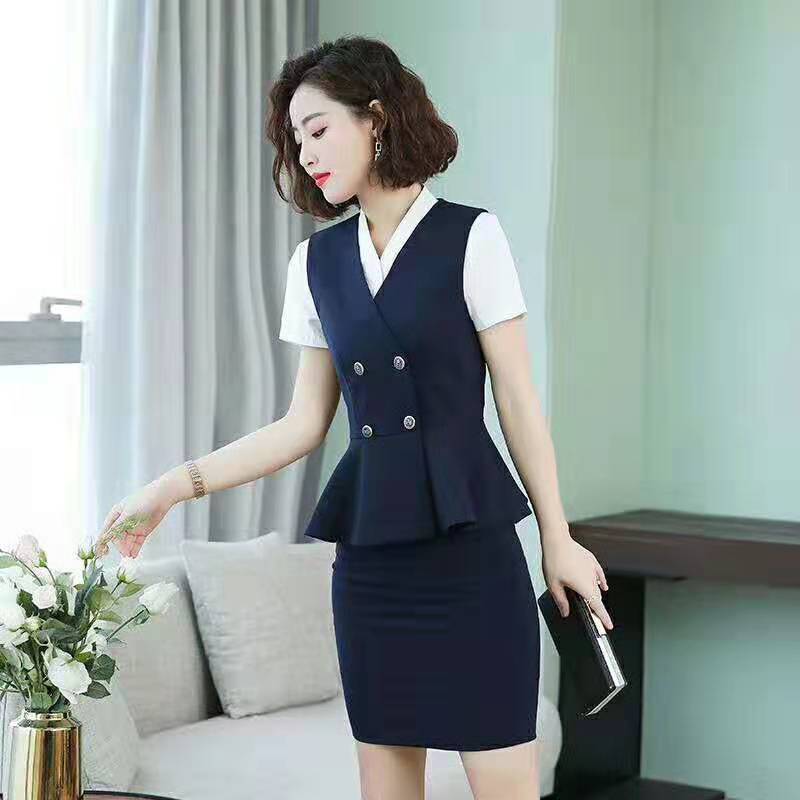 職業(yè)裝 夏裝 女款 短袖襯衫-馬甲-半身裙 深藍.jpg